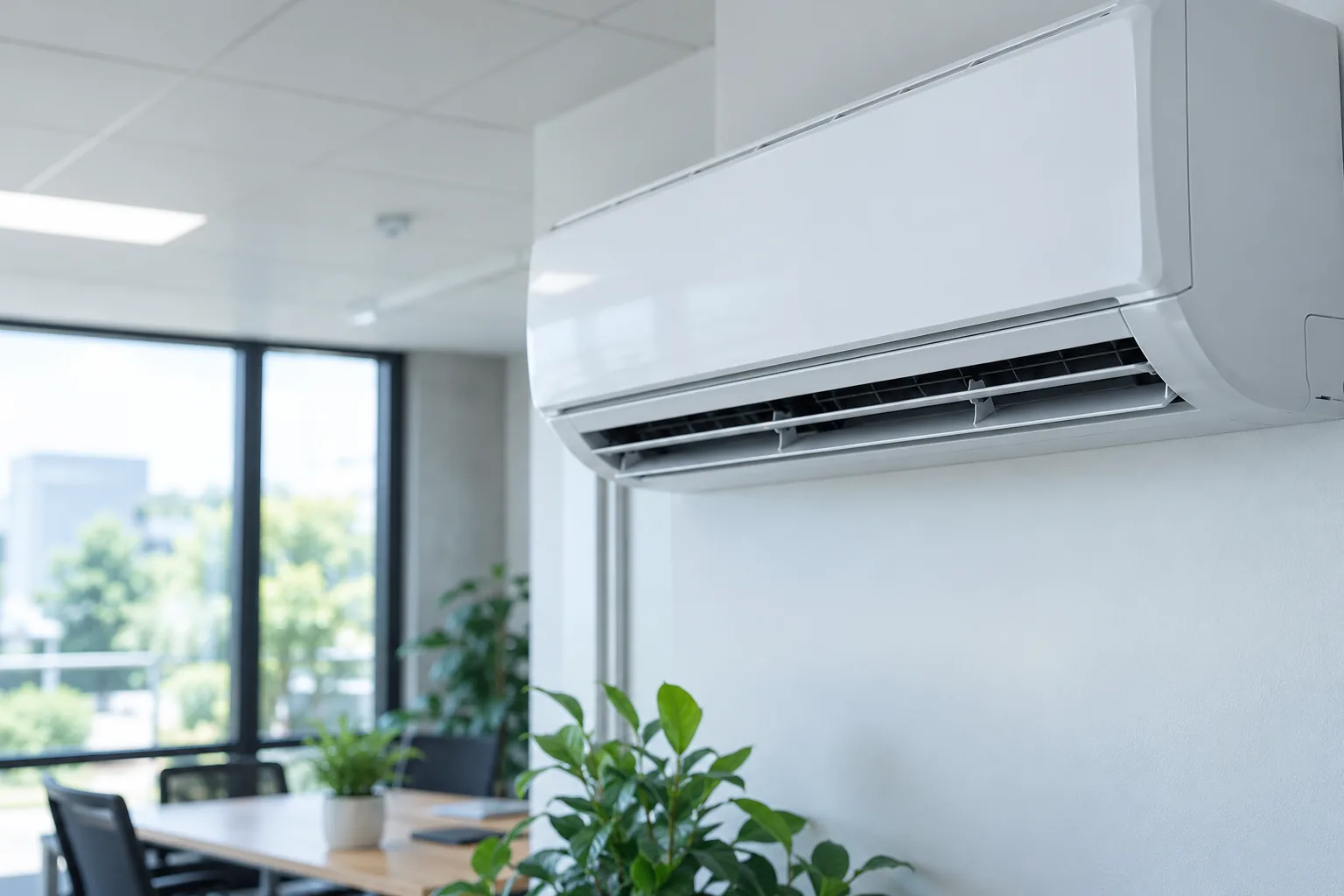 Wall-mounted split air conditioner in a bright commercial office