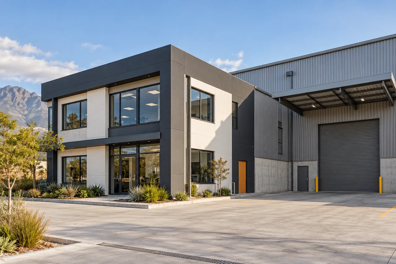 Illustration of a commercial office and warehouse setting