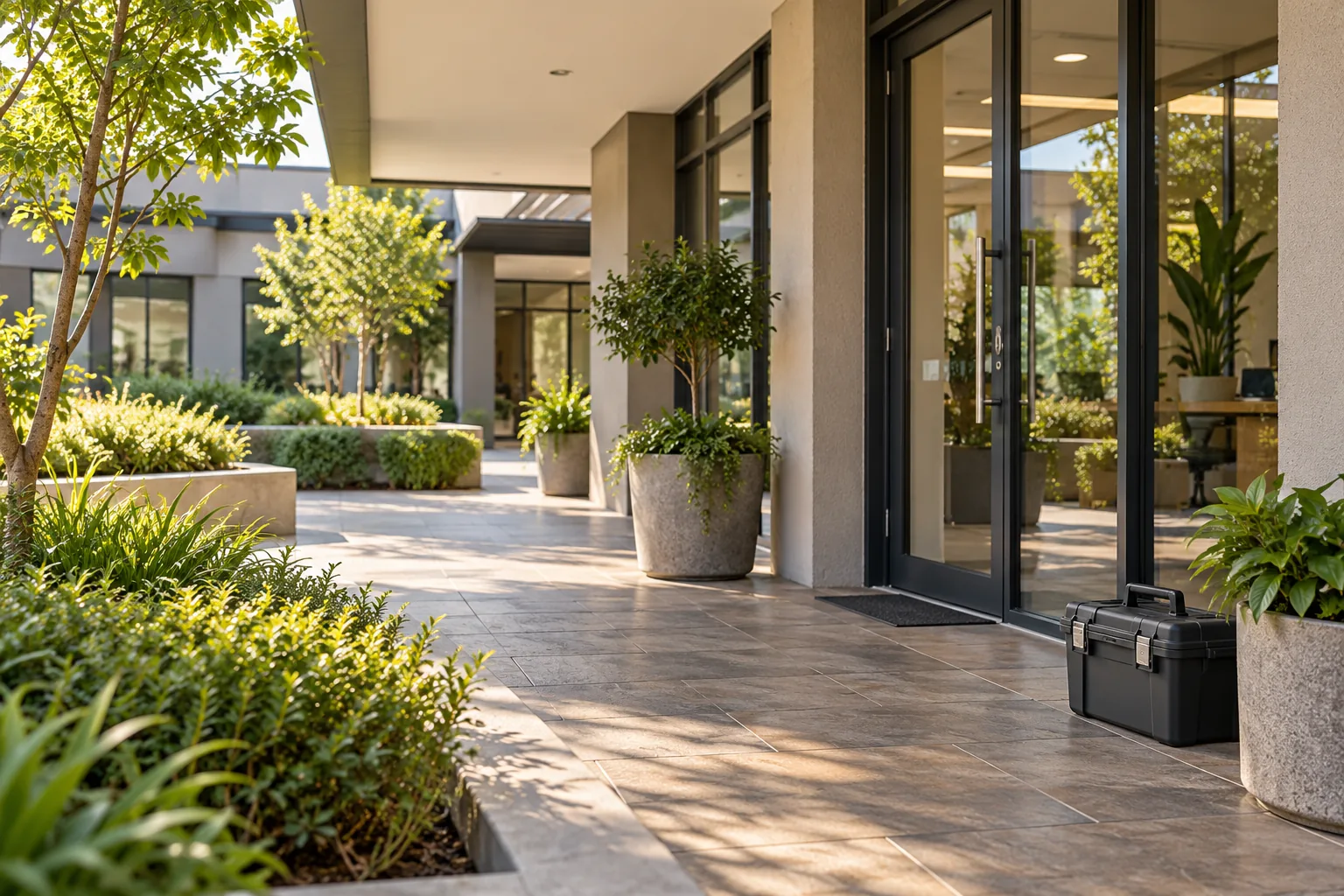 Illustration of a covered business park walkway with planted borders and a maintenance toolbox