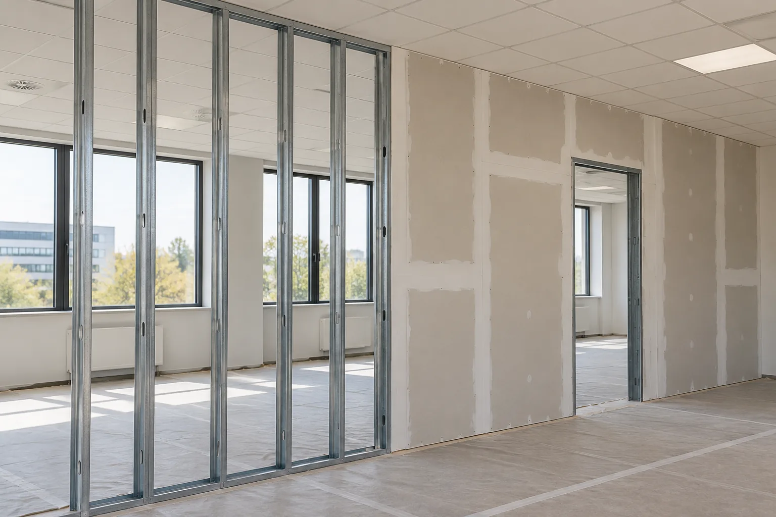 Exposed steel studs and pale plasterboard partitions with prepared joints inside a commercial office