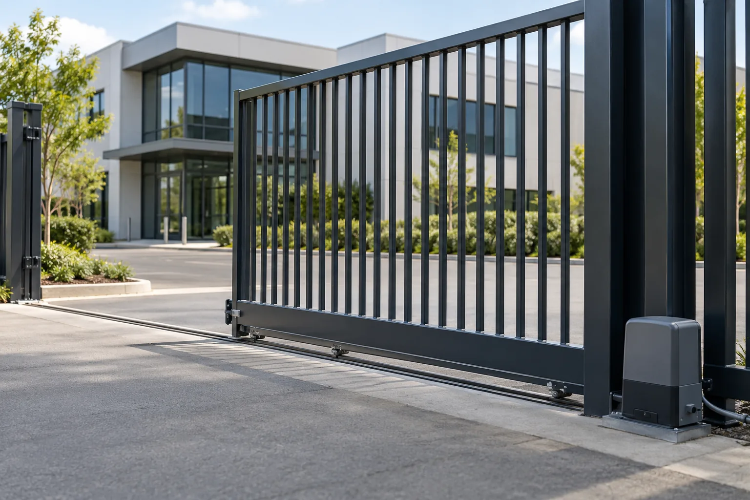 Sliding commercial entrance gate with track and motor