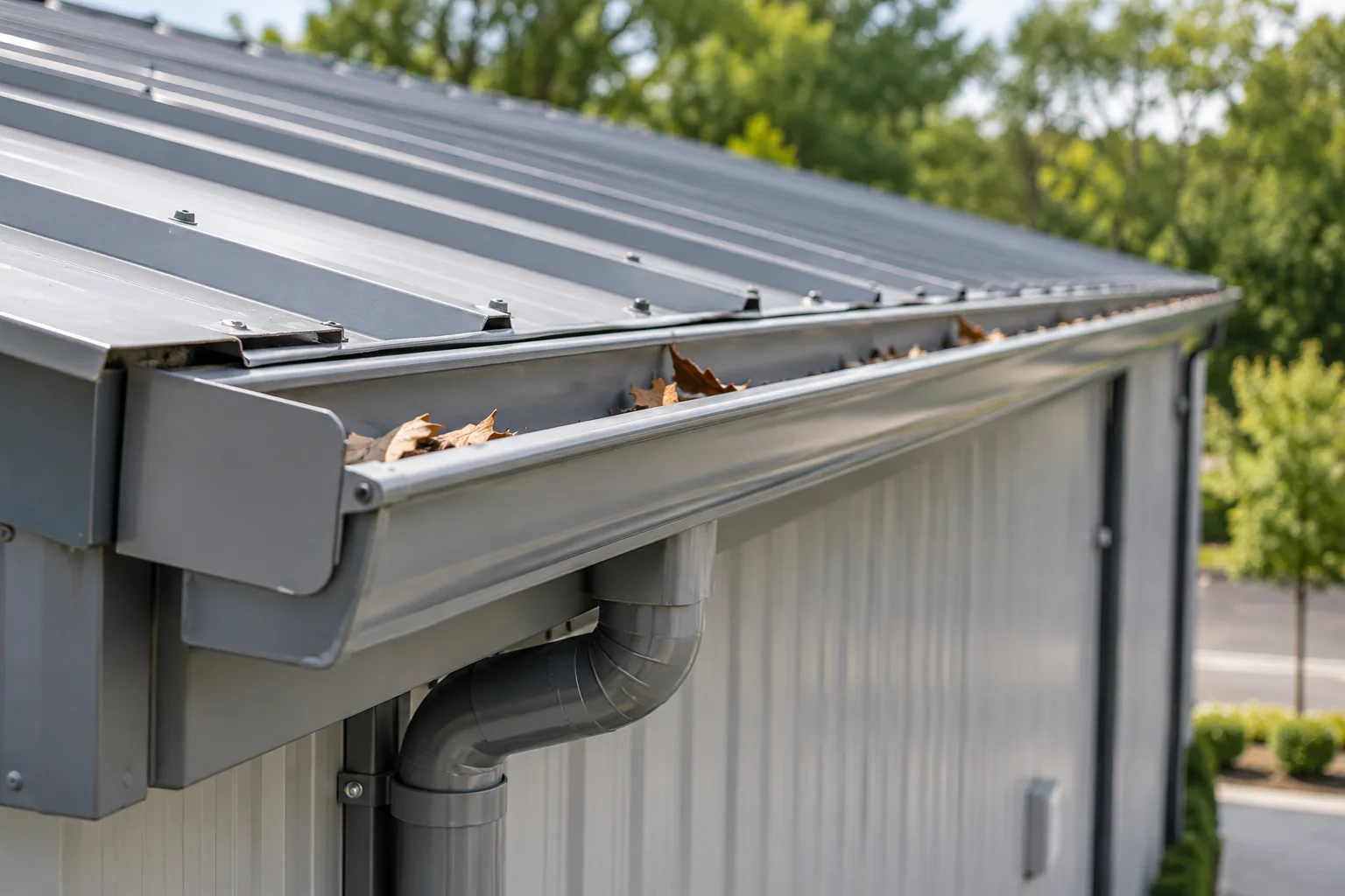 Metal roof gutter and downpipe beside trees