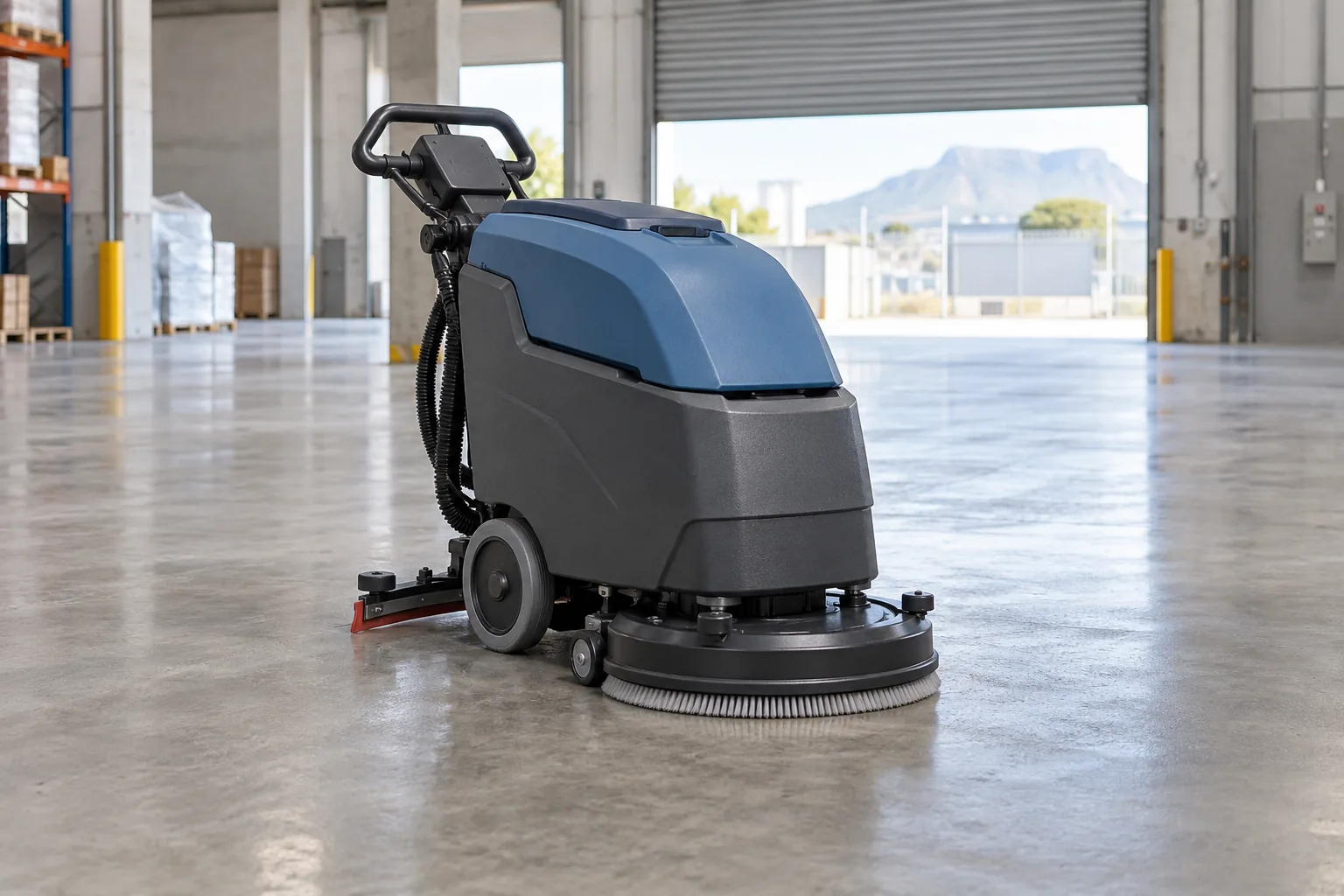 Floor scrubber and cleaning equipment in a cleared commercial unit