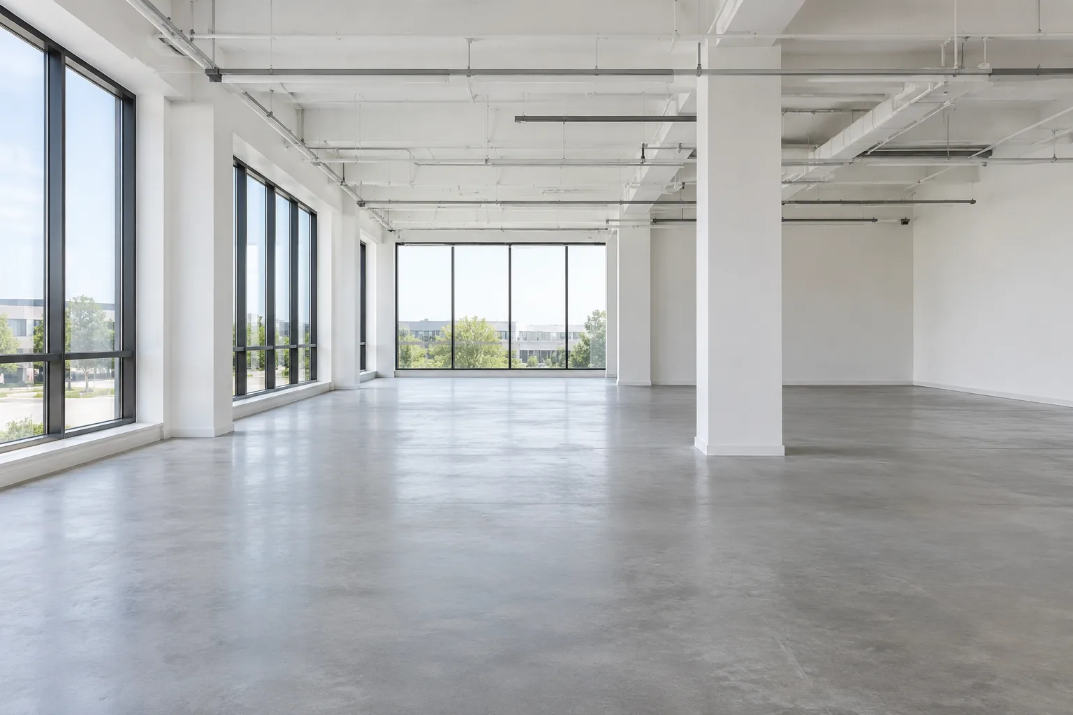 Vacant commercial office with neutral white walls and an open layout