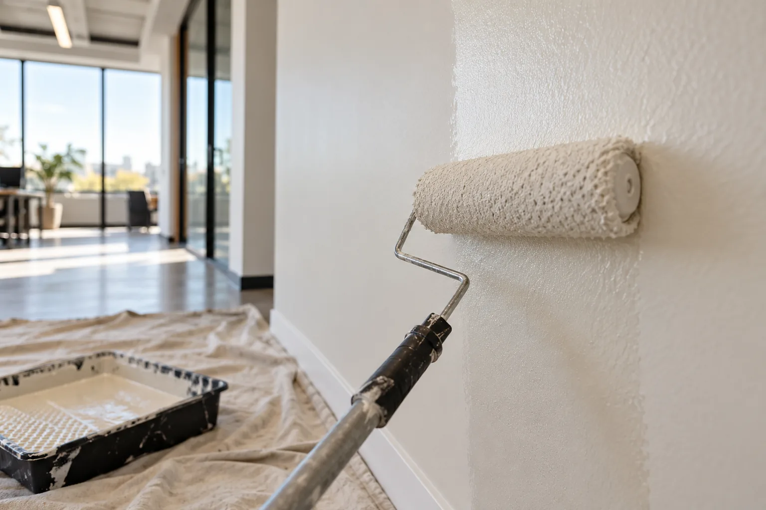 Paint roller applying a neutral finish to an interior office wall