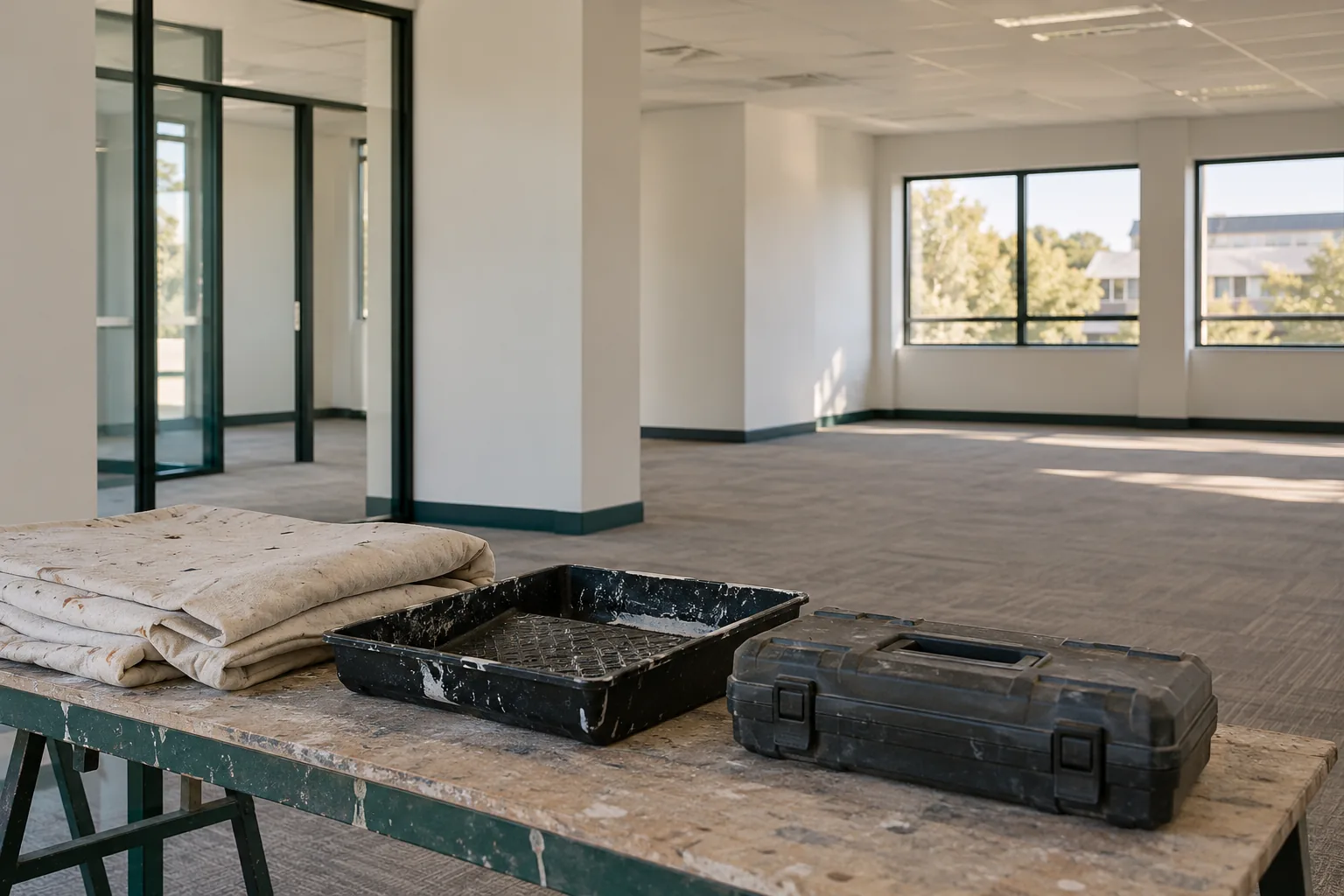 Illustration of a workbench with a drop cloth, paint tray and closed toolkit in a vacant office