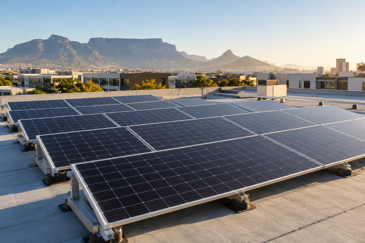 Rooftop solar panels on a low commercial building